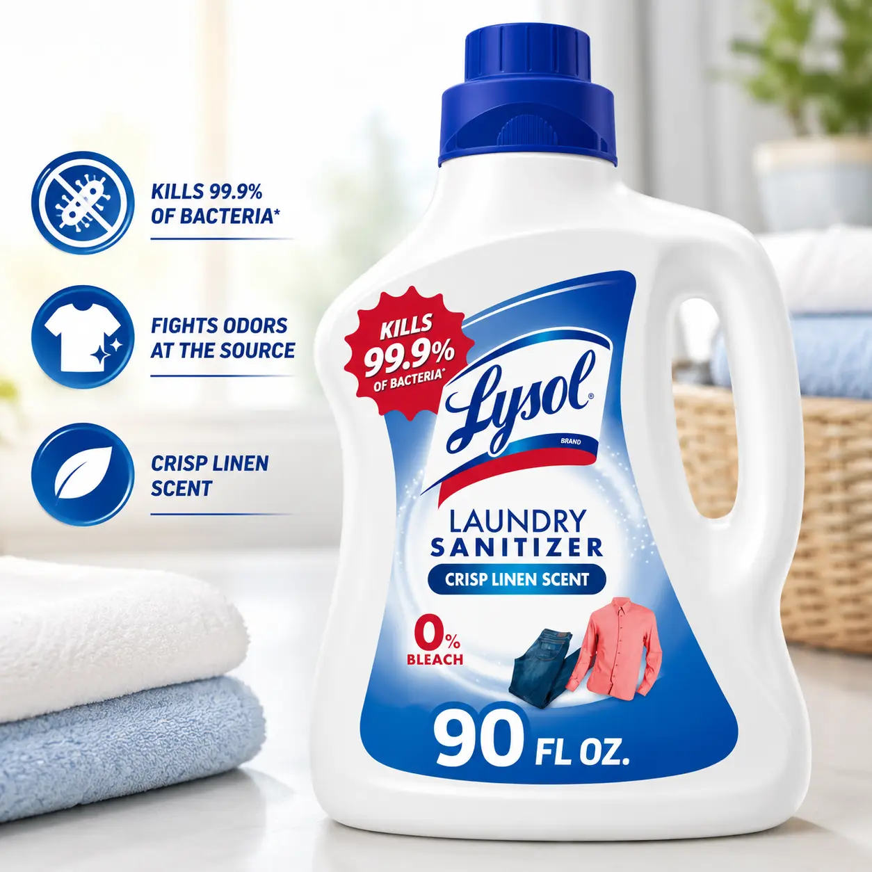 Lysol Laundry Sanitizer Additive 90oz, Bacteria-Causing Odor Eliminator for Clothes, Crisp Linen Scent