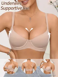 Women's Comfortable Jelly Bra Adjustable Wide Straps Medium Support Push-Up Lined Everyday Wear Underwear, Elegant Plain Design Fit