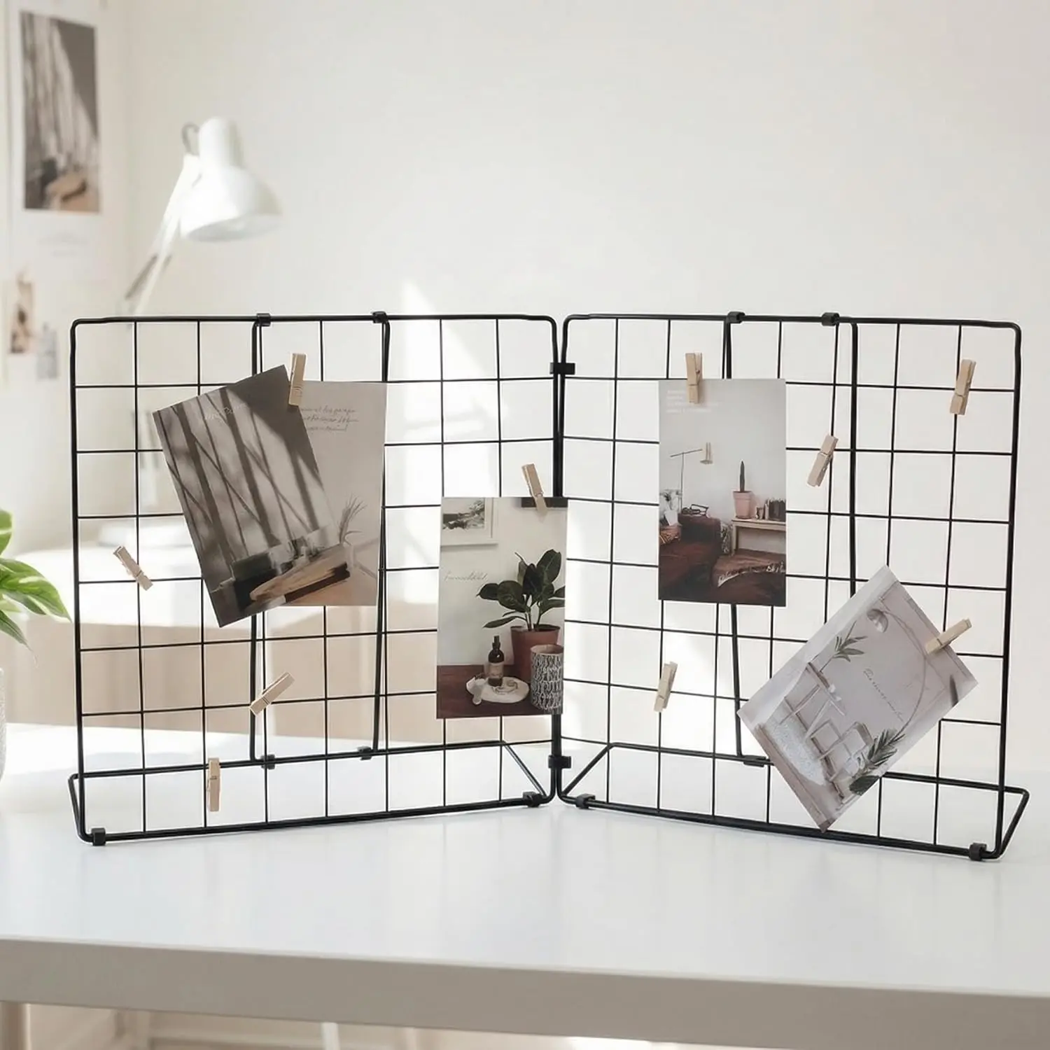 Foldable Desktop Photo Display Rack & Grid Display Board with 20 Wooden Clips Photo Accessory Handcraft Display Organizer for Home Office Black