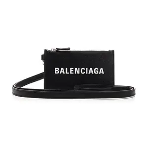 Balenciaga Logo-Embroidered Grained Calfskin Card and Coin Wallet for Women in Black