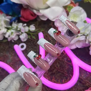 White Croc French Tip With Cherry Gem Handmade Press On Nails press-on nail acrylic fake