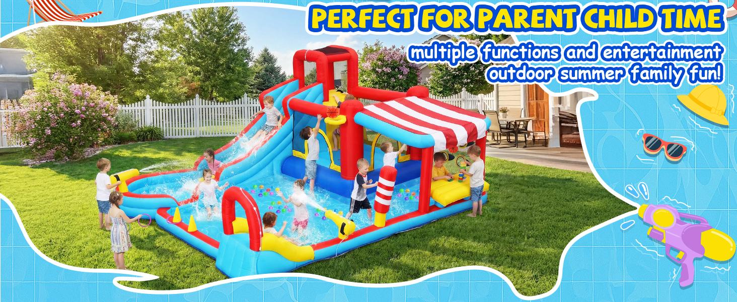 Whubefy Inflatable Bounce House, All-in-One Water Slide Play Park, Wet & Dry Use, Giant Jumping Area, Climbing Wall, Water Guns, Boxing Bag, Ring Toss Games, Included Air Blower, Outdoor Fun, Perfect Birthday Party Gift for Kids Whubefy Inflatable Bounce House, All-in-One Water Slide Play Park, Wet & Dry Use, Giant Jumping Area, Climbing Wall, Water Guns, Boxing Bag, Ring Toss Games, Included Air Blower, Outdoor Fun, Perfect Birthday Party Gift for Kids