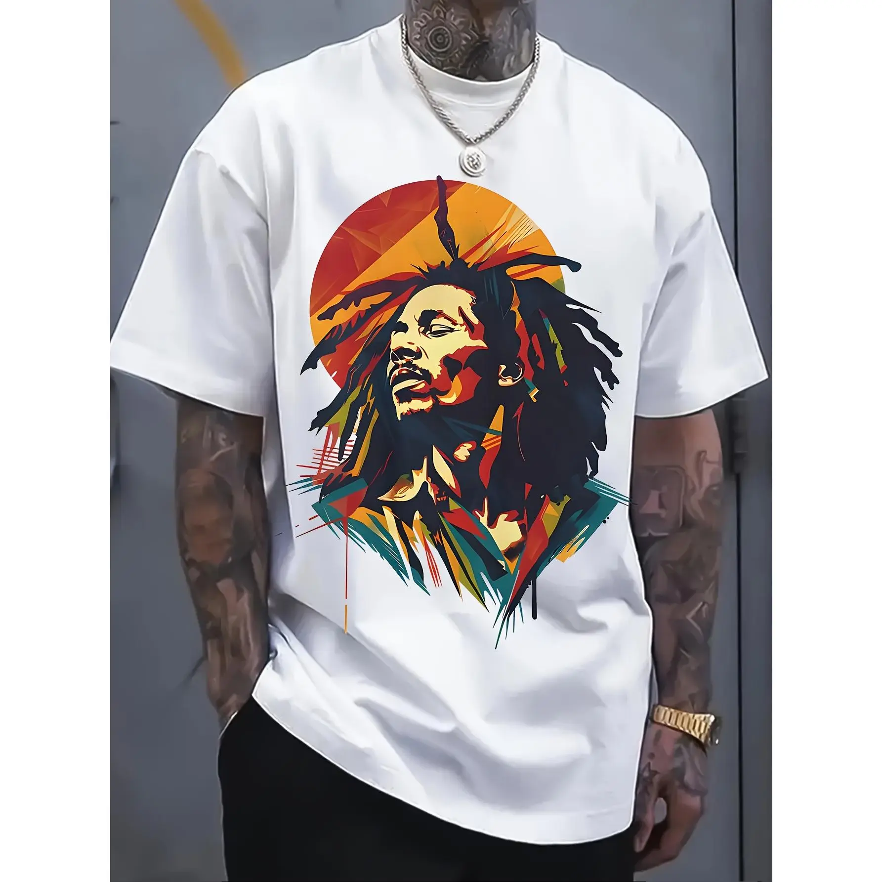 Men's Reggae Graphic T-Shirt - Casual Short Sleeve Cotton Crewneck, Stretchy Seamless Smooth Tee with Dreadlock Character Print