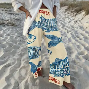 Women's Retro Nautical-Style Sardine Print Wide-Leg Pants with Contrasting Hand-Painted Prints Loose and Comfortable, They Exude a Literary and Vacation Vibe, Easily Creating a Casual Summer Look