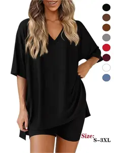 2026 V Neck 2 Piece Sets forSpringWomen Summer Casual Lounge Loungewear Short Set SpringMatching Biker Shorts Oversized ShirtClothing Womenswear