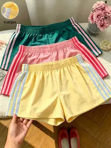 3-Pack Summer Must-Have Multi-Color Sporty Fashion Solid Striped Casual Shorts Womenswear, Daily Wear Side Stripe Elastic Waist Women's Bottoms