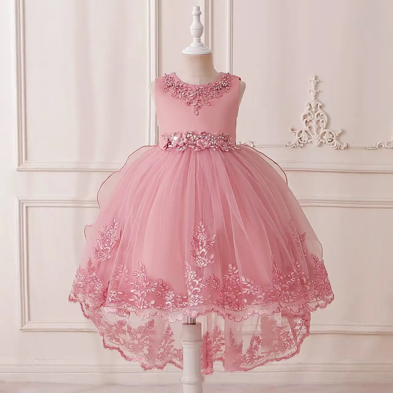 Girls Elegant Pink Tulle Lace Dress Sleeveless Princess Dress for Wedding Birthday Occasion first  communion  dress