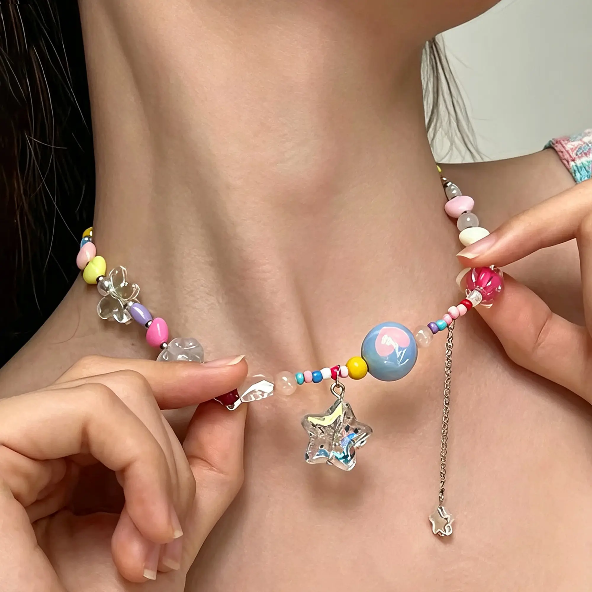 Colorful Candy Beaded Necklace Bracelet Set For Women | Cute Love Hearts & Stars Pendants | Perfect Fashion Jewelry Gift | Trendy Candy Beaded Set | Beautiful Gift For Girls