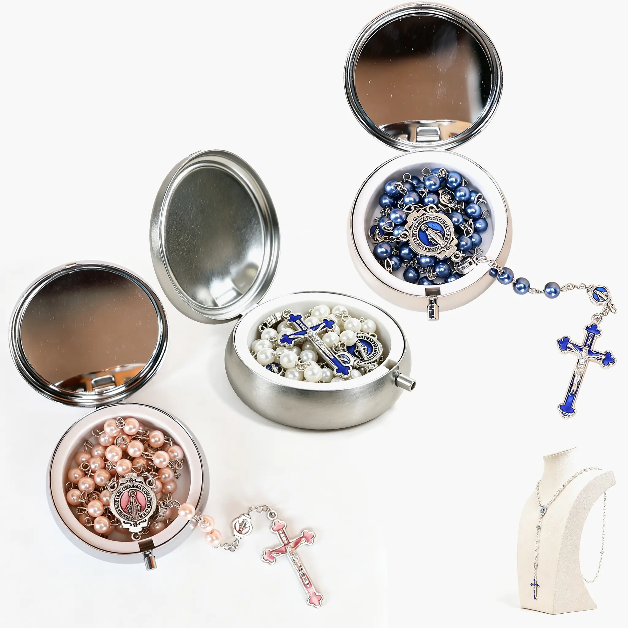 Rosary Necklace Artificial Pearls, Solid Colored Simple Style Rosary Beads, Catholic Rosary Beads for Women, Elegant Artificial Pearl Prayer Necklace with Crucifix, Rosary for Confirmation, First Communion, Religious Gift(White and Pink blue)