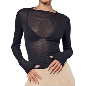 Women's Sheer Mesh Long Sleeve T Shirts Boat Neck Slim Fit Tee Tops Going Out See Through Shirts