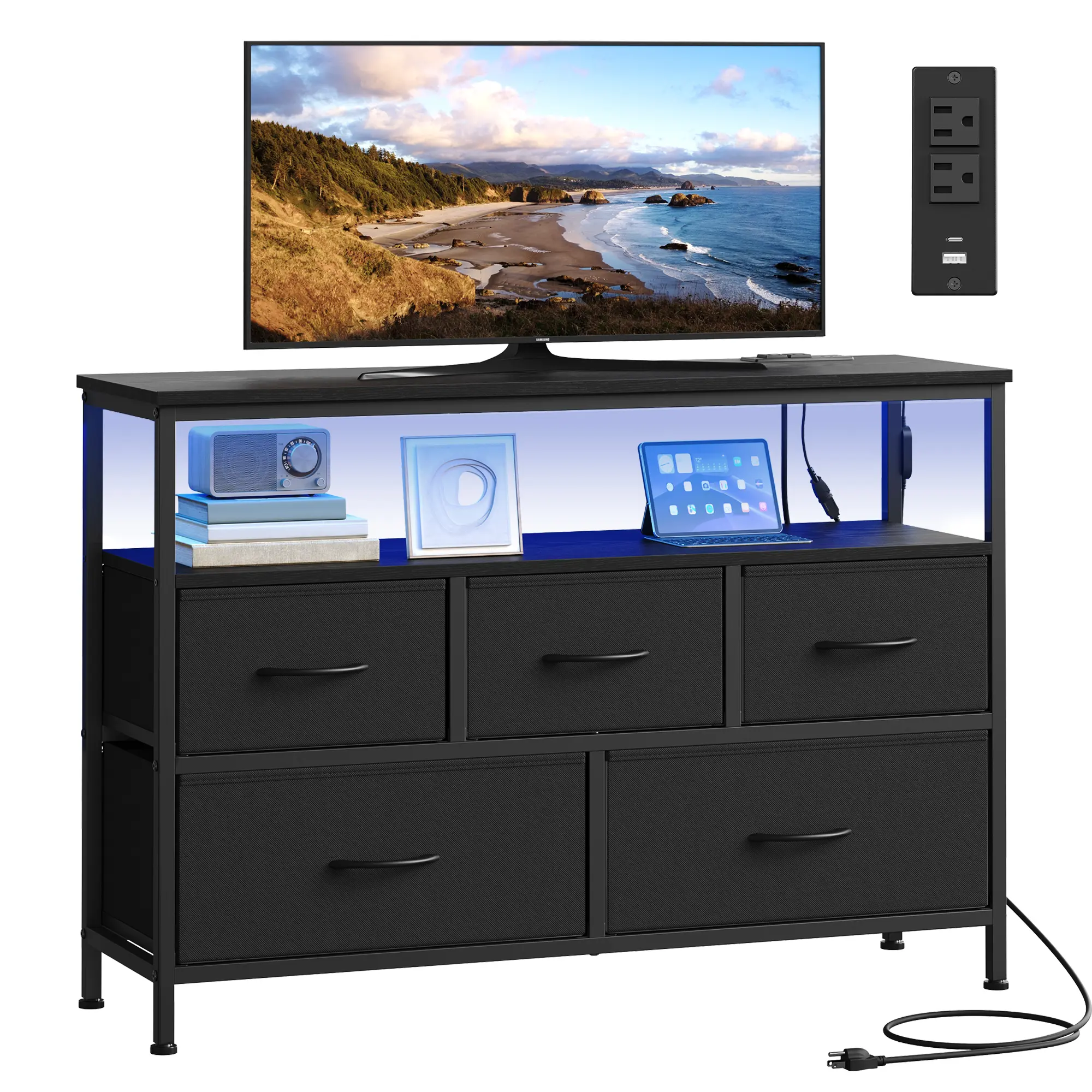 SONGMICS Bedroom Dresser - 5-Drawer Chest Drawers Furniture with App-Controlled LED Lights, Charging Station, Shelf, Modern TV Console Cabinet, TV Stand Furniture