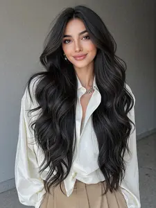 28 Inch Natural Wig, Medium Part Long Bangs Curly Hair, Deep Wavy Wigs, Heat Resistant Wig, Synthetic Hair, Fashionable and Casual, Comfortable Daily Wear
