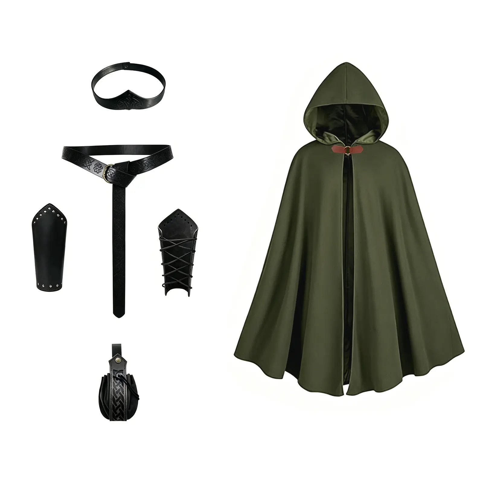 Medieval Halloween Costume Men, Renaissance Hooded Cloak, Belt & Arm Guards | Ranger Roleplay Outfit Set: Headband, Leather Pouch & Bracers for Halloween