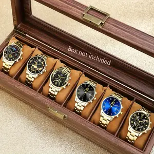 6 pcs/set luxury business mens watches male golden stainless steel date quartz wrist watch fashion casual sports MEN'S watch gift for men Black Dial