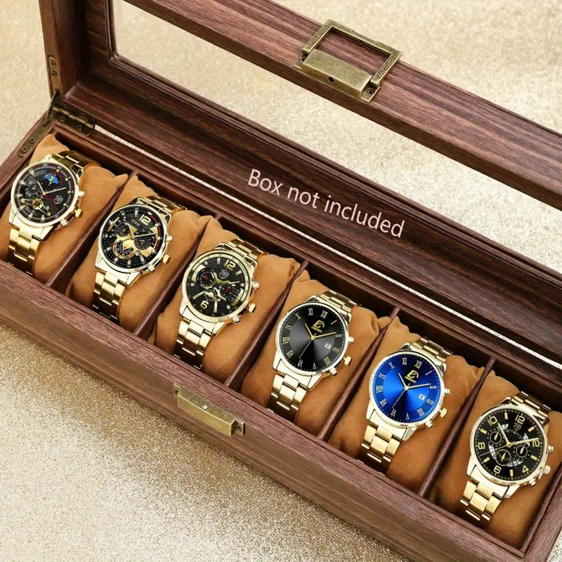 6 pcs/set luxury business mens watches male golden stainless steel date quartz wrist watch fashion casual sports MEN'S watch gift for men Black Dial