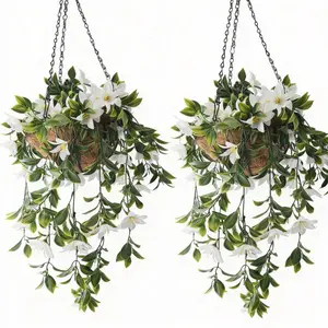 15" Faux Crepe Myrtle Hanging Baskets  Set of 2 Artificial Flower Baskets  UV-Resistant Outdoor Hanging Plants for Porch, Patio & Balcony