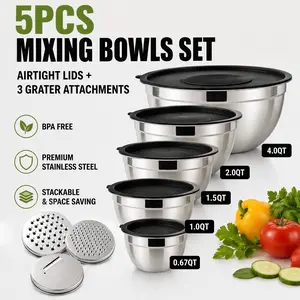 5-Piece Stainless Steel Mixing Bowls Set with Airtight Lids, Nesting Salad Bowls 0.67QT/1QT/1.5QT/2QT/4QT, BPA-Free, Dishwasher Safe for Kitchen Food Prep Storage