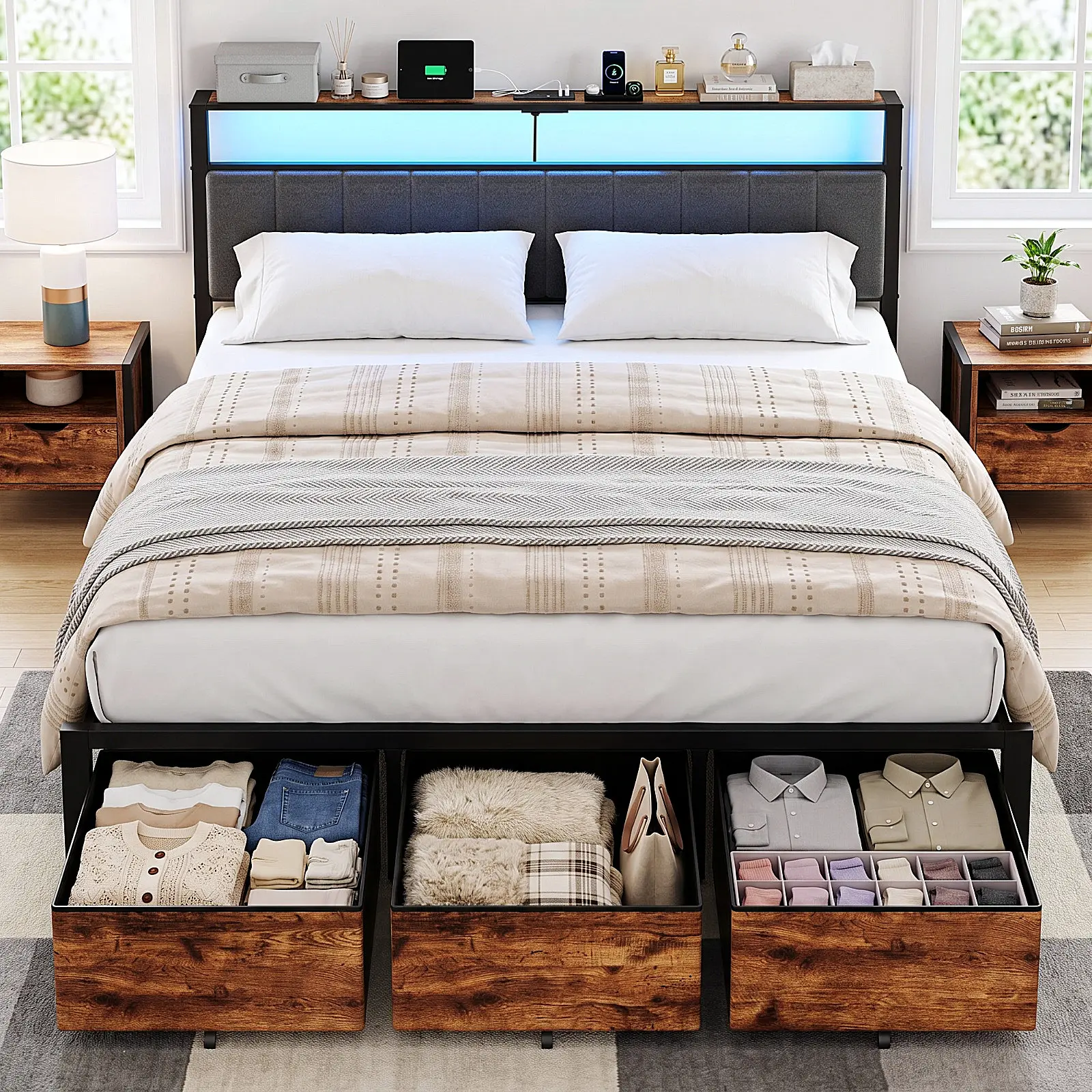 【NEW】DAYAGO Vintage Rustic Industrial Smart Platform Bed Frame - Easy Bedroom Hack, Multi-Size (Queen,King), RGB LED Lights, Charging Station, Upholstered Headboard, 2 Rolling Drawers, Heavy-Duty Metal Slats, No Box Spring Needed, King Size Bed Frame,fami