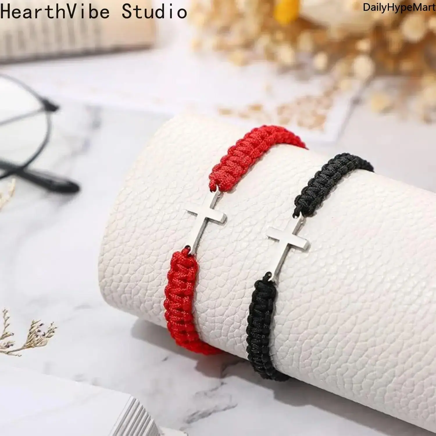 Minimalist Cross Friendship Bracelets Set, Hand-Woven Polyester Cord Adjustable Slider Bracelets, Religious Jewelry Gift for Couples, Fashion Accessories, Cross Bracelets Stack, Funky