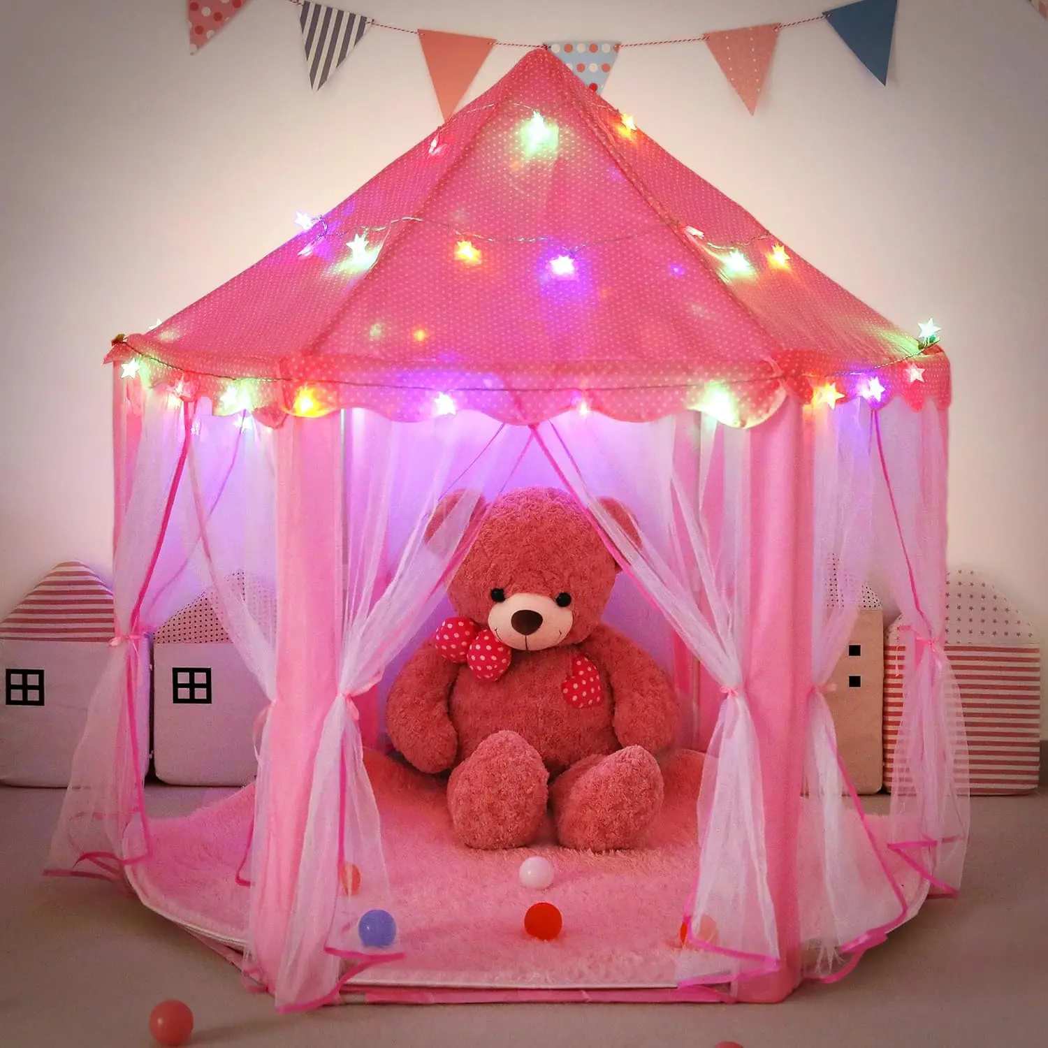 Easter Gift Princess Play Tent with Star Lights & Carrying Case - Large Indoor Castle Playhouse for Girls & Toddlers, 55'' x 55'' x 53