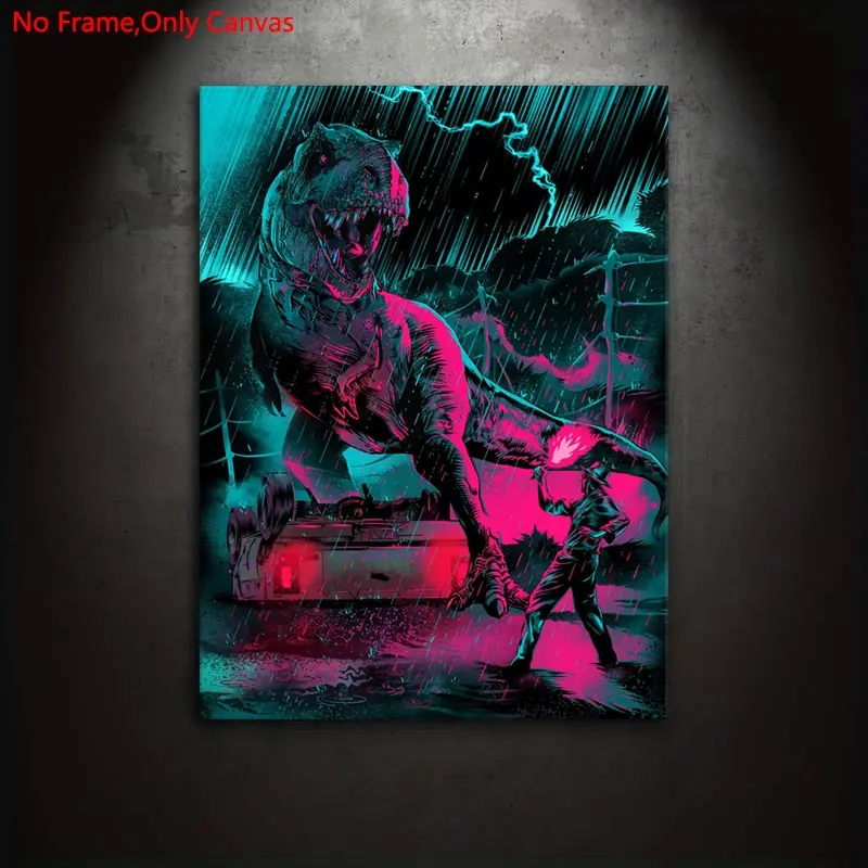 1 piece/set frameless canvas painting print poster, classic synthwave style digital illustration art, T-Rex attacking tourists, ideal gift for bedroom, living room, wall decor, Decorative Artwork, Canvas Prints