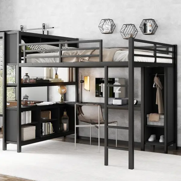 Bellemave  Metal Loft Bed with Wardrobe And L-shaped Desk, Loft Bed with Storage Cubes and Shelves, Heavy Duty Loft Bed for Kids Teens Adults