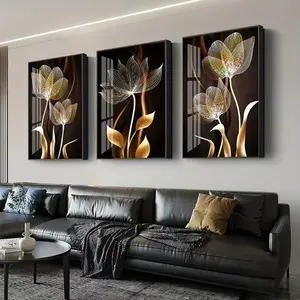 3pcs Nordic Abstract Minimalist Design Plant Frameless Hanging Painting, Black and Gold Flower Art Poster, Wall, Living Room, Bedroom Decoration Painting Set, Artwork