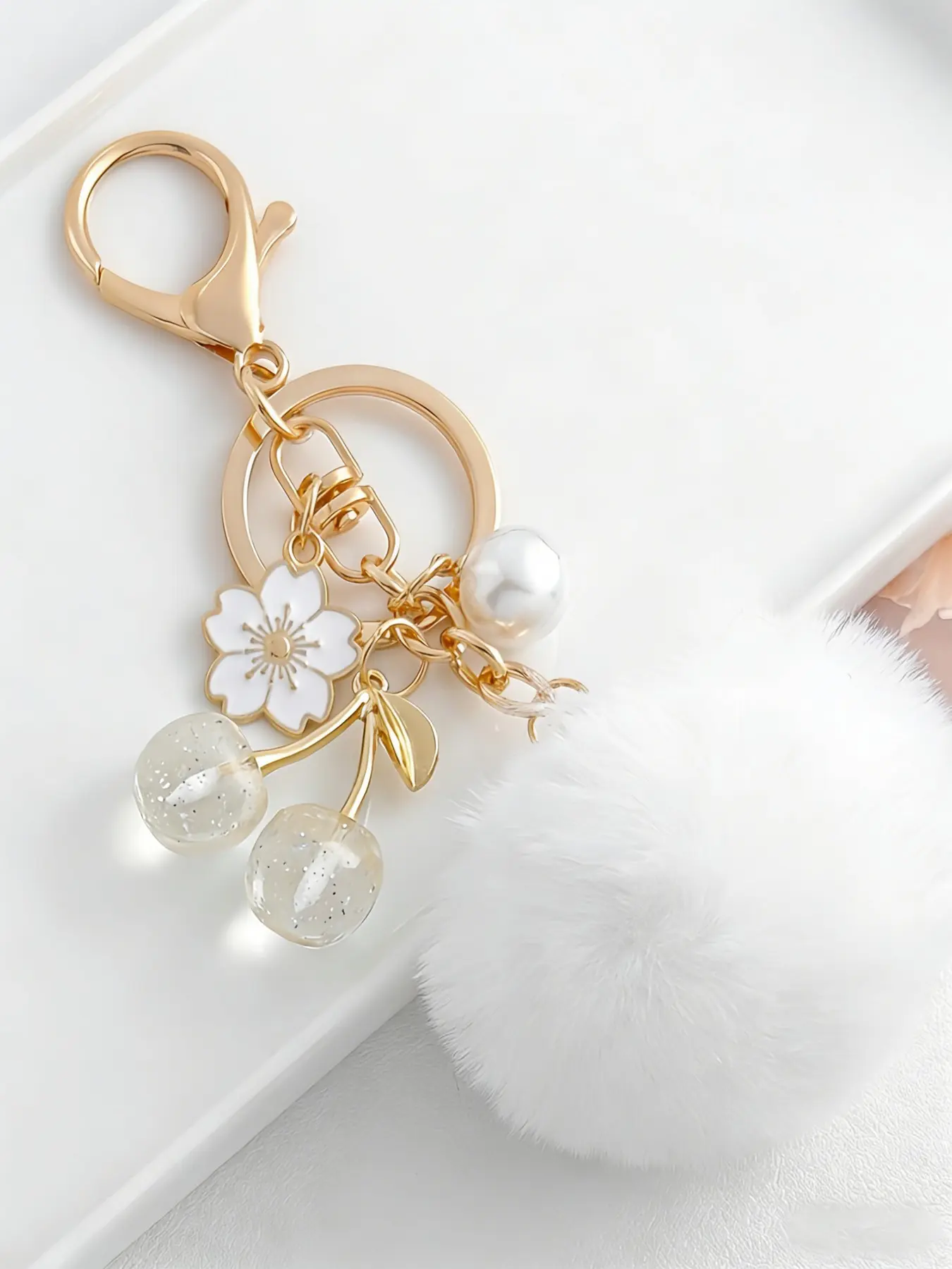 Cherry Blossom Pom Pom Bag Charm Pendants – Sweet Keychain & Bag Pendant with Cherry Charms, Soft Bag Decoration & Bag Chain Charms for Backpack Purse, Purse Accessories, Ideal for Kawaii Floral Lovers & Daily Casual Look, Soft Pompom Keychain