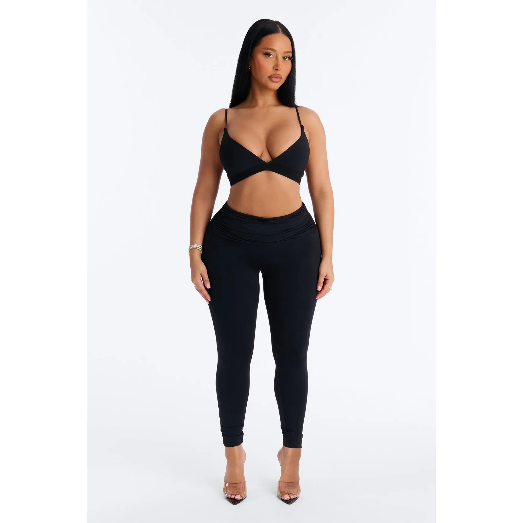 Second Skin Double Lined Ruched Foldover Leggings - Black