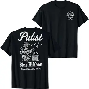 Pabst Blue Ribbon Music Graphic T-Shirt, Vintage Guitar Player Beer Logo Print Tee, Retro Live Music Bar Style Black Unisex Streetwear Casual Summer Shirt