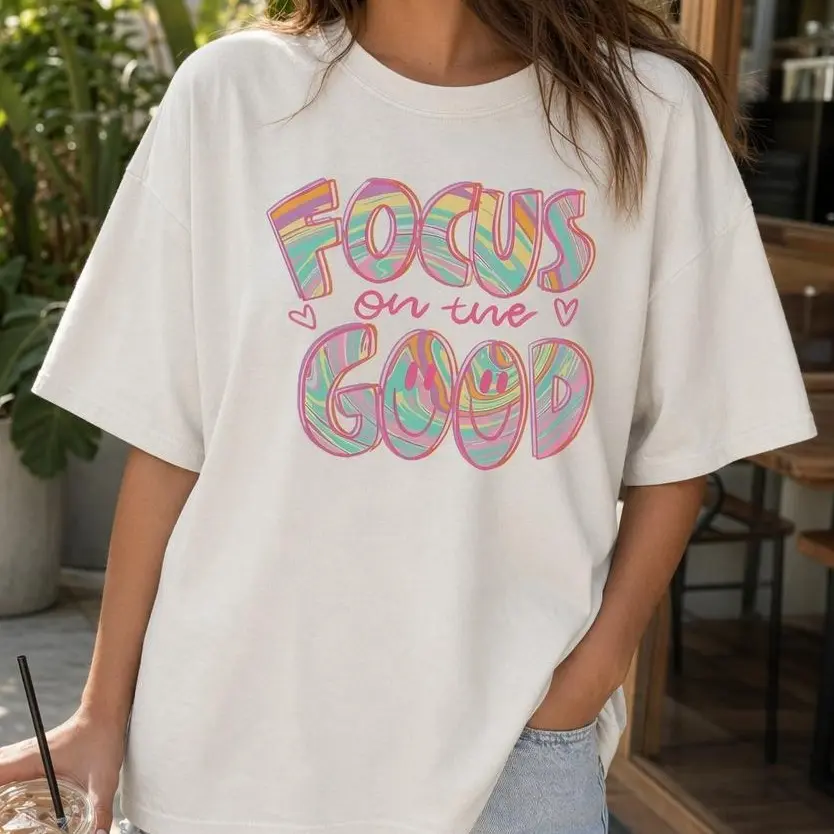 Focus On The Good Graphic Tee Women Retro Groovy Smiley Face Shirt Plus Size