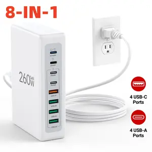 260W USB C Fast Charger Block Compact GaN 8-Port USB C Charging Station Hub Block 8-in-1 Wall Charger Power Strip Adapter Plug Cube for laptop iPad iPhone airpods Huawei Pixel Note Galaxy, 5ft  cable Electronic Device Cellphone White