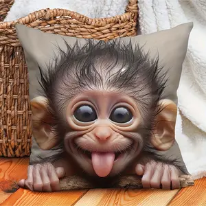Cute monkey decorative pillow with soft invisible zipper, single-sided printing, suitable for sofa and living room decoration, no filling, interesting design, head monkey decoration with zipper