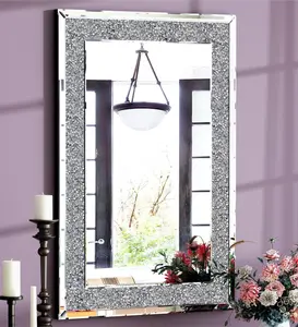 SHYFOY Crystal Mirrors for Wall Decor 35.4"X23.6" Decorative Wall Mirror Rectangle Silver Sparkly Crush Diamond Hanging Wall-Mounted Mirror