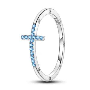 MULA Sea Blue Cross Ring - 925 sterling silver religious symbol jewelry, inlaid with zircon, exquisite platinum plated, suitable for religious believers and special occasions