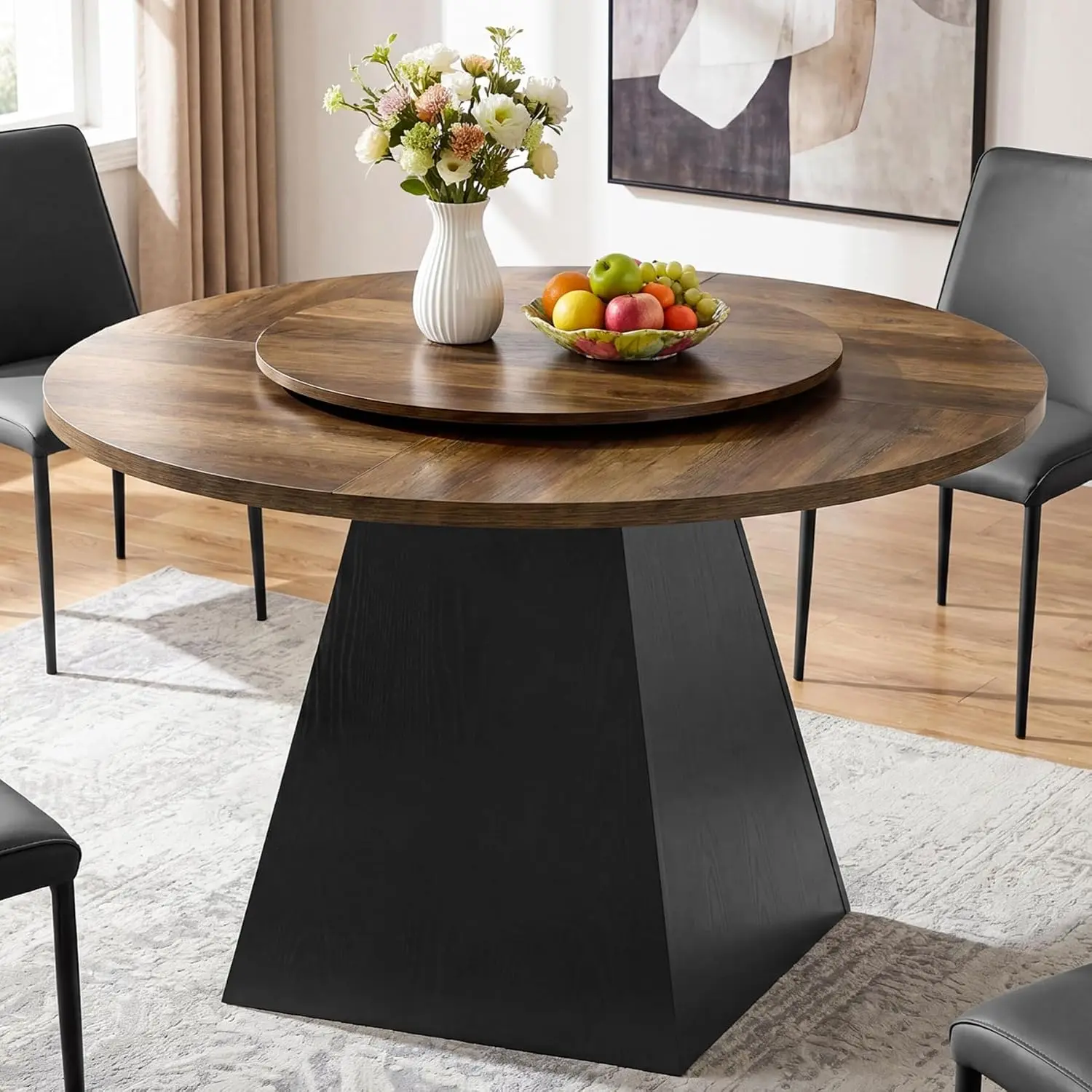Tribesigns 47.24" Round Dining Table with Detachable Lazy Susan for 4-6 | Wooden Circle Kitchen Table with Black Pedestal Base, Modern Rustic Dinner Table with Removable Turntable, Rotating Tray