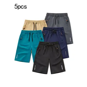 5pcs Boys' Summer Sports Shorts, Polyester 95%, Elastane 5%, Slight Stretch, Solid Color, Regular Fit, with Drawstring and Zip Pockets, for Ages 12 and Under, for Outdoor Stretchable Jogger Sporty Design