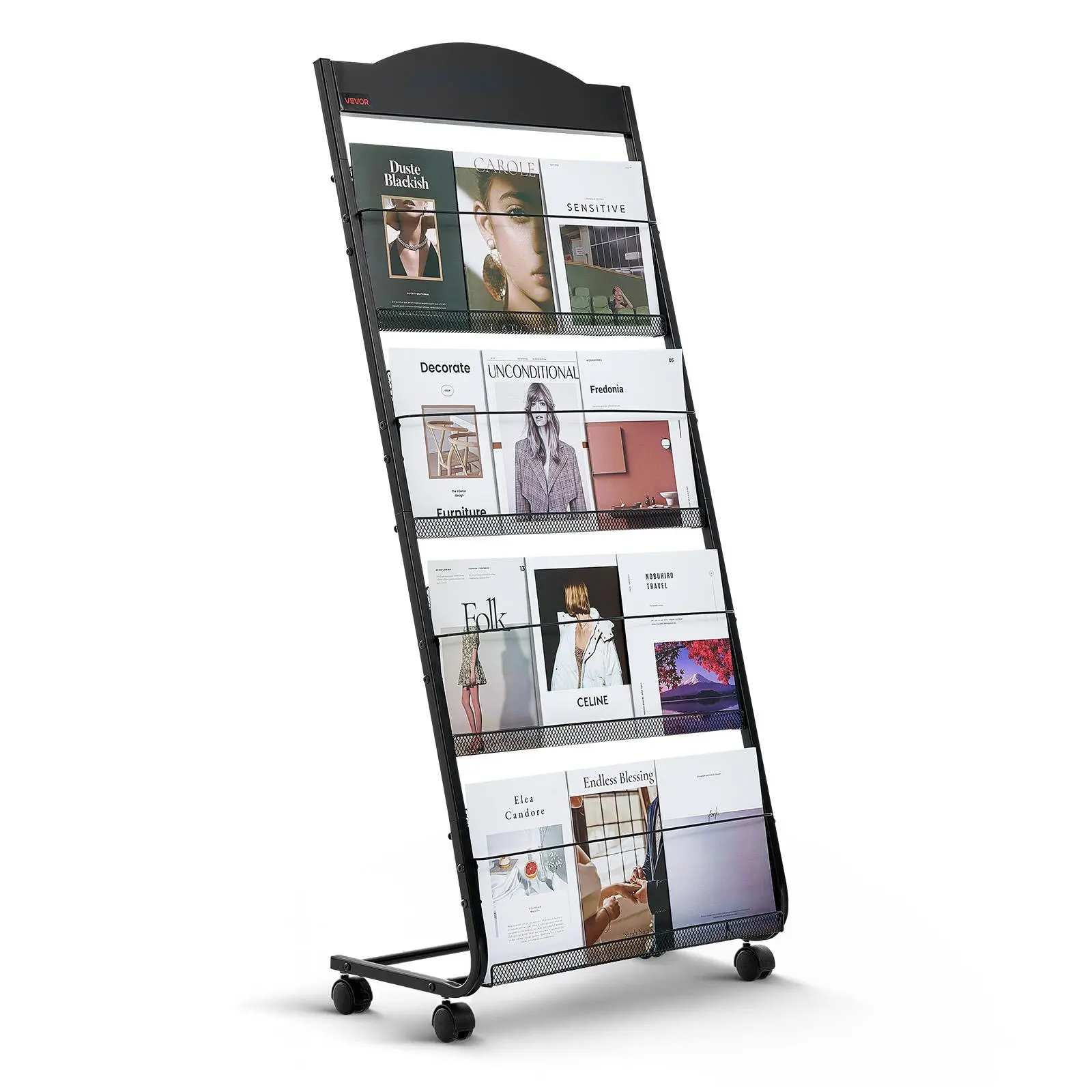 【Summerfinds】VEVOR Elegant Thickened Metal 4-Tier Bookshelf Rack with Wheels, Movable Floor-Standing Organiser - 2 kg per Layer Capacity, for Magazines, Literature, Displaying Bills in Shops, Offices, Brakes