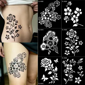 6 Piece Floral Tattoo Stencil Patches, Butterfly Rose Cutout Stickers for Body Art, Reusable Temporary Tattoos, Contemporary Style, Flower