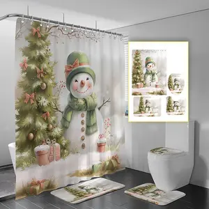 Snowman Pattern Shower Curtain Set, 1 Set Including Shower Curtain & Floor Mat & Toilet U-mat & Toilet Seat Mat, Bathroom Decor Supplies