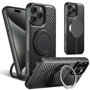 Magnetic Charging Bracket Ring Phone Case For IPhone 16 Pro Max 15 Plus 14 13 12 Luxury Carbon Firber Texture Leather Back Cover