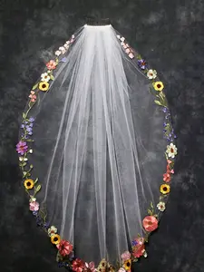 Floral Embroidered Bridal Veil, Colorful Trim Wedding Veil with Comb, Romantic Boho Bride Headpiece, Perfect for Garden and Summer Weddings