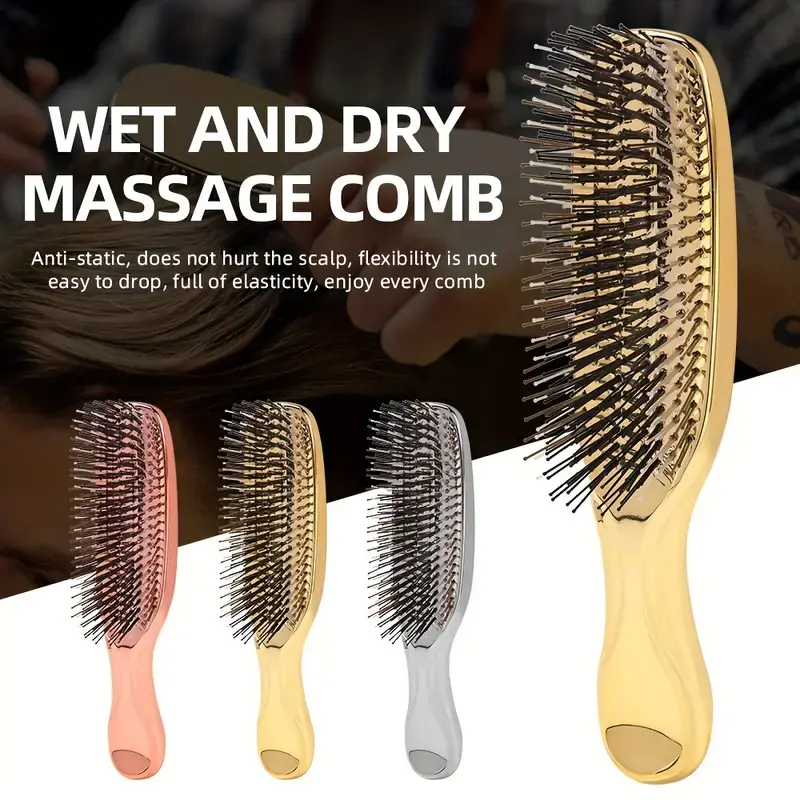 Anti Static Hairbrush - Painless Dry & Wet Detangler with Soft Long-Short Bristles, Ergonomic Design, Gold Grooming Hair Care Comb Suitable for All Hair Types, All Types, Grooming Comb, Soft Plastic, Home/Travel, Long And Short Bristles, Cleansing, Daily