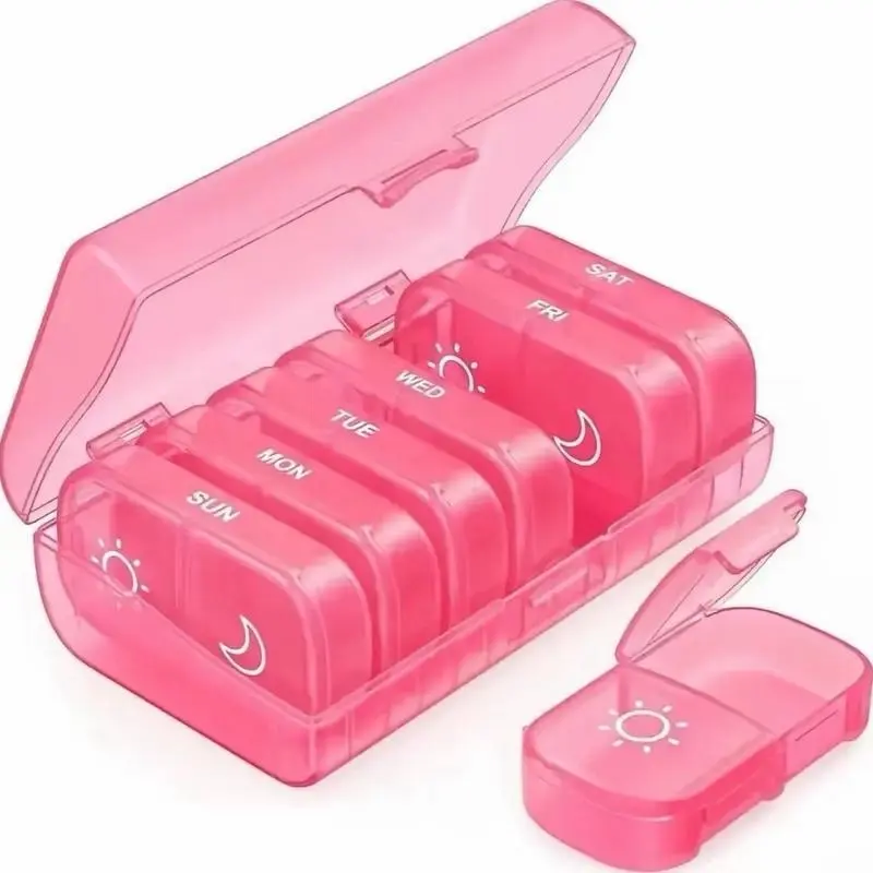 XL 7-Day AM-PM Pill Dispenser, Easy-to-Use Super Quality 1-Side Large Opening Pocket Organizer Pill Dispenser, On-the-Go Portable Travel Case for Medication, Vitamins, Supplements (Pink)