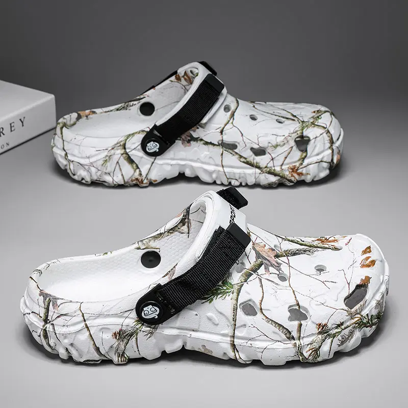Men Camo Print Platform EVA Clogs, Adjustable Rear Strap Hollow Quick Dry Water Sandals, Non Slip Rugged Thick Sole Sport Slides, Black White Khaki Three Color For Beach Fishing Hiking Shower Outdoor