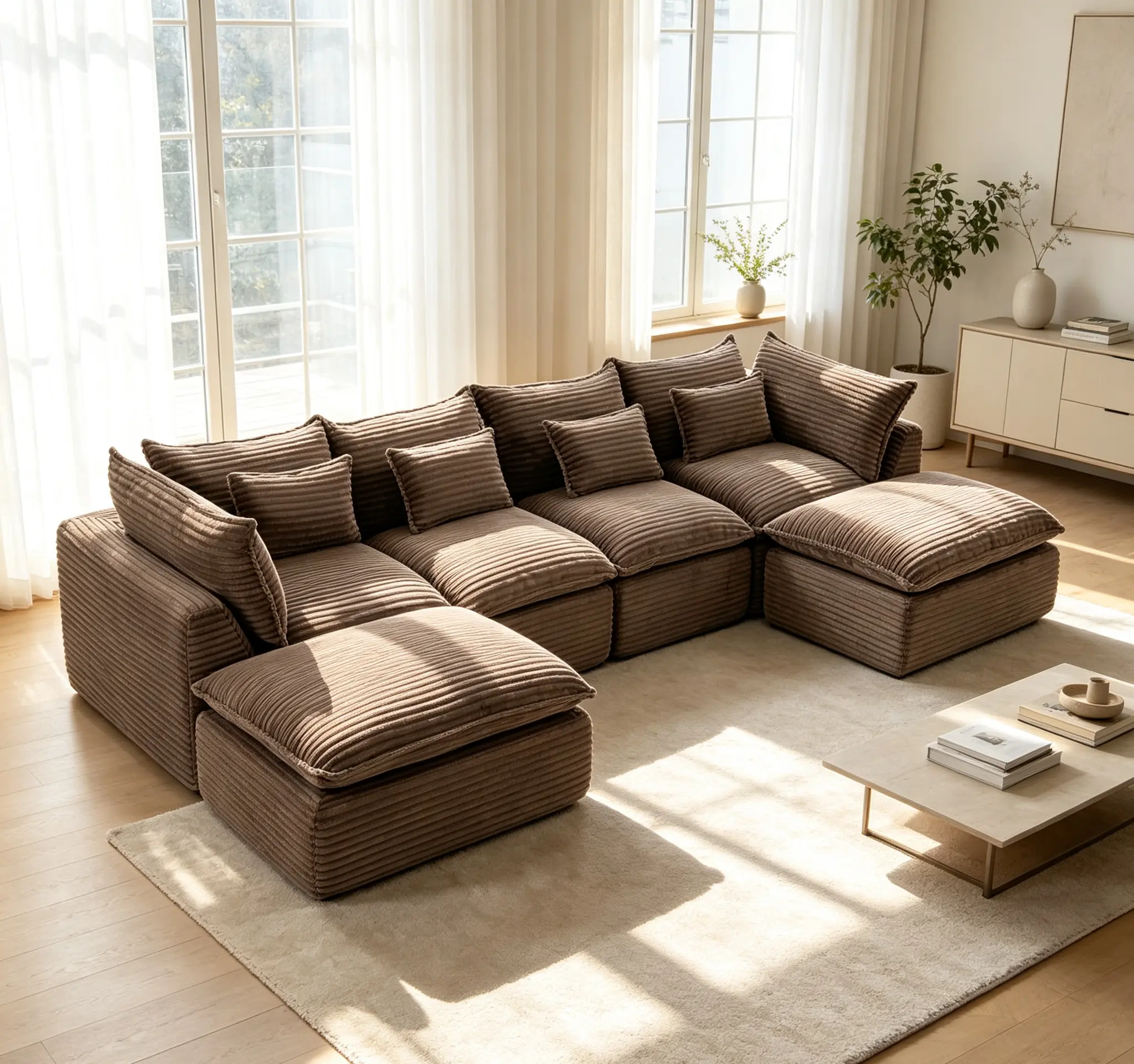 Cloudrest 130" Chocolate Corduroy Casual 4-Seat Modular Sectional with Dual Ottomans, Plush, 300 lb Weight Capacity per Seat, Ideal for Cozy Living Rooms & Hosting