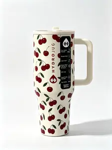 HydroJug 40oz Cherry Pattern Insulated Stainless Steel Water Bottle, Leak Proof & BPA Free With Non-contact Cup Holder, Ideal For Iced Coffee, Travel, Fitness, Car And Office Use