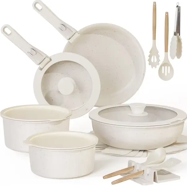 20 Piece Pots and Pans Set Non Stick, Cookware Set with Detachable Handle, Oven Safe, Induction Ready, Stackable RV Kitchen Cooking Set Removable Handles, Cream White