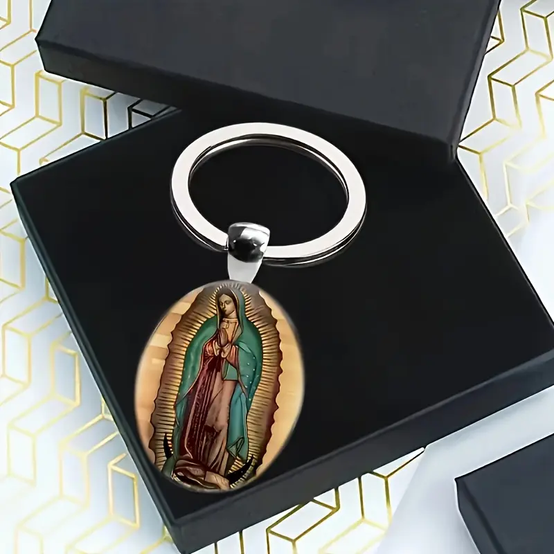 Stylish Men's Glass Keychain with Virgin Mary Pendant - Street Style, Non-Metallic Plating, Ideal Gift for Family at Holidays and Birthdays, Keychain Accessory| Decorative Keychain| Colorful Keychain, Cute Keychain