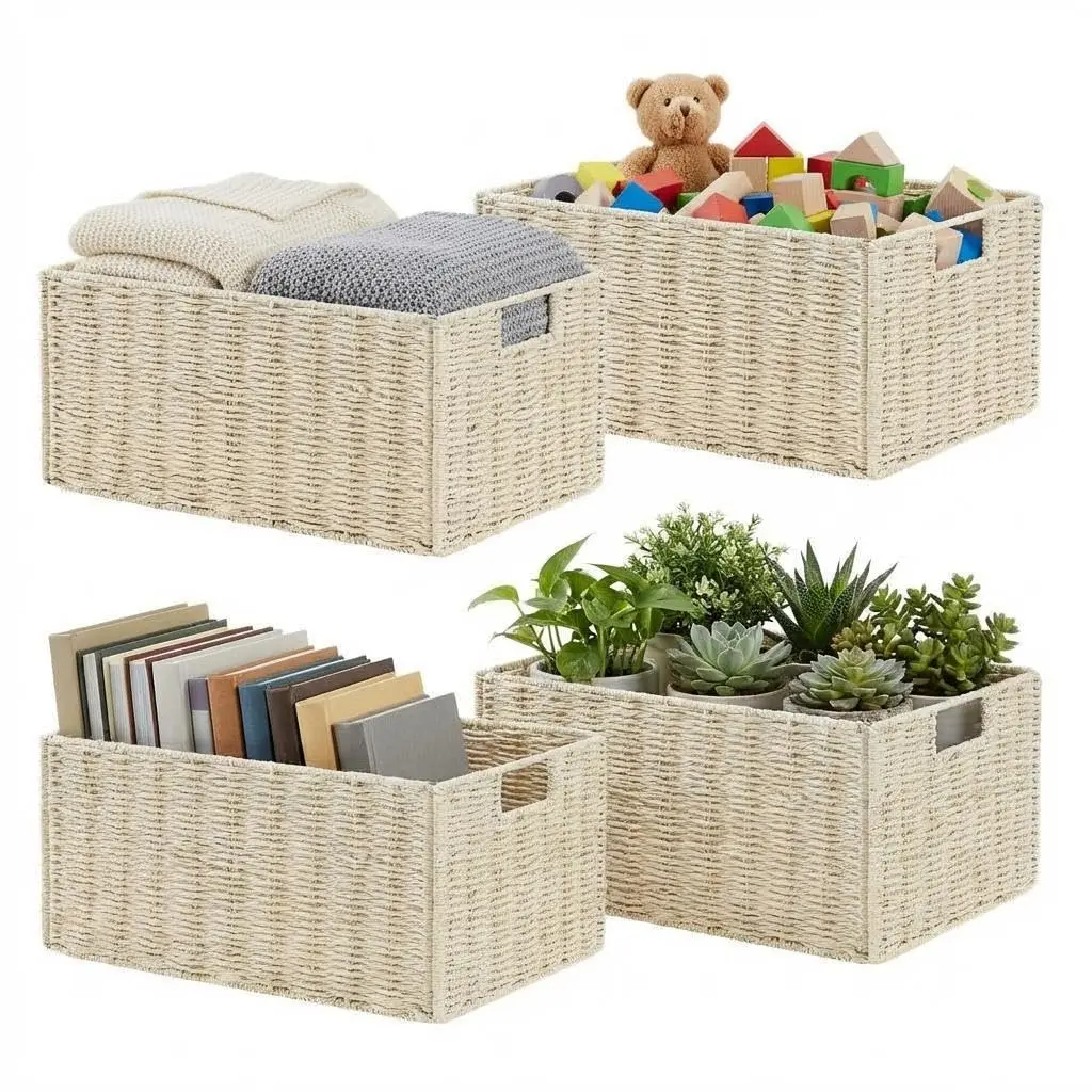 Decorative Lightweight 4-Piece Collapsible Paper Rope & Iron Wire Storage Basket Set, 12.2×7.09×5.91in Woven Organizer Bins with Handles for Home & Outdoor Use